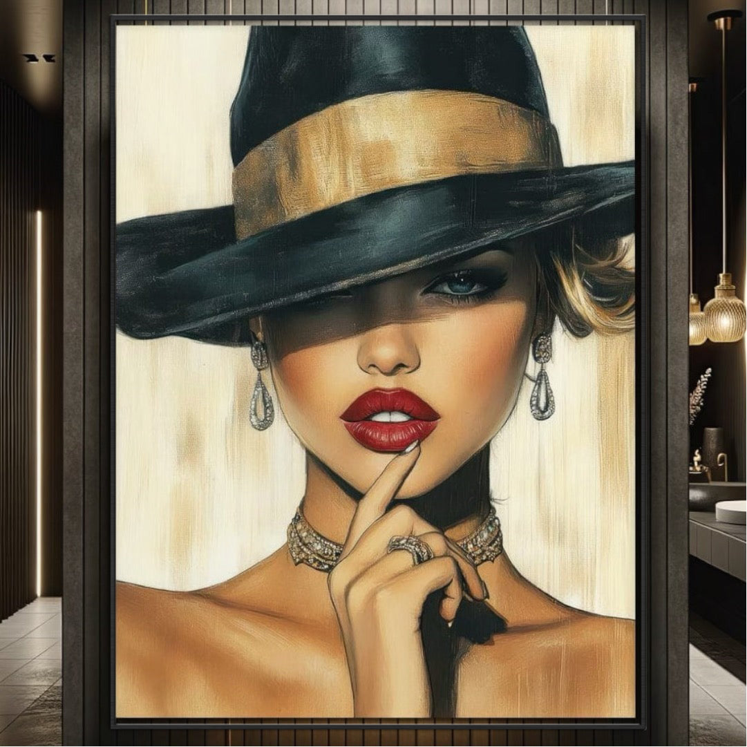 Imagine cu tablou canvas cu portret feminin si palarie neagra, tiparita pe panza canvas